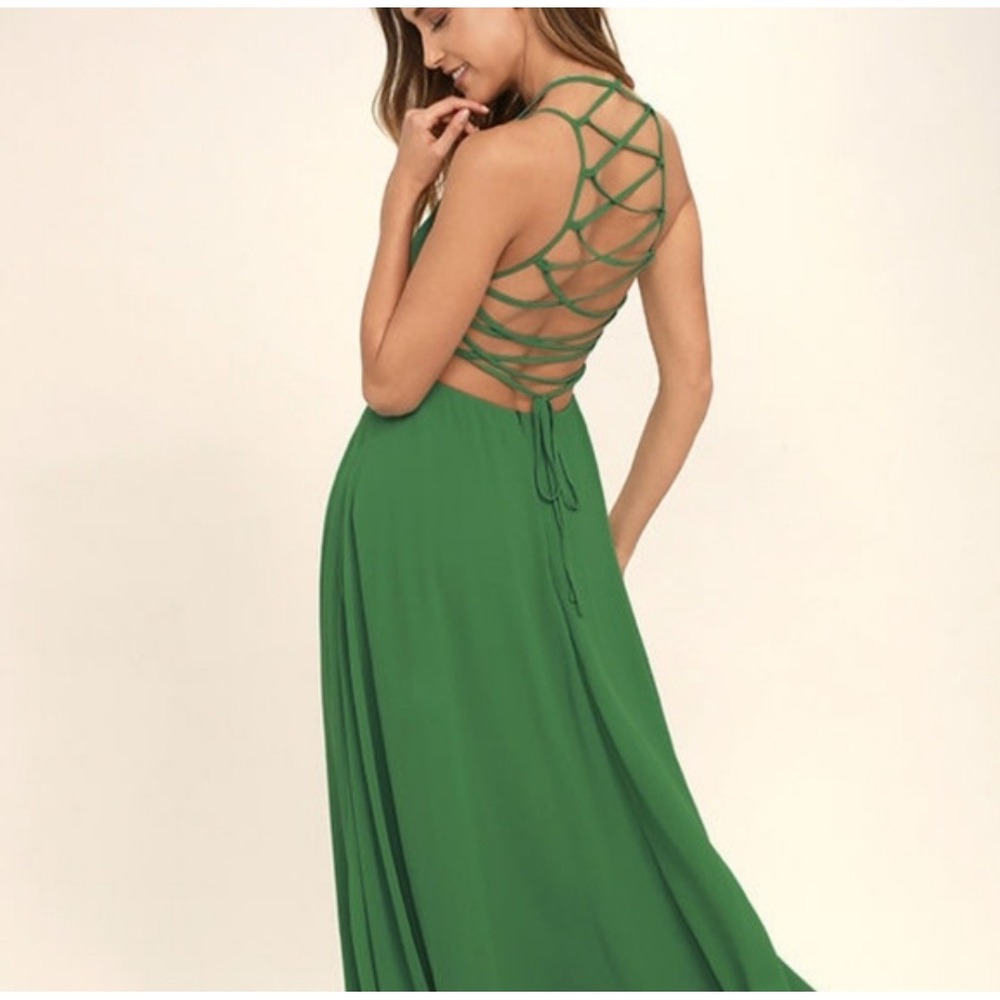 Lulus Emerald Green Criss Cross Open Back Maxi Dress Flowy Size Large Formal